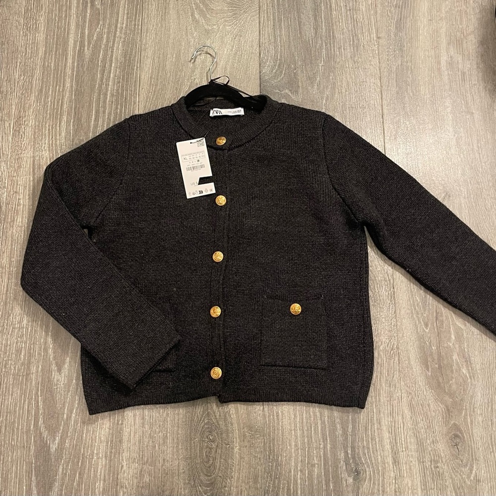 Zara Dark Gray Tight-Knit Button Front Cardigan Sweater Pockets XL